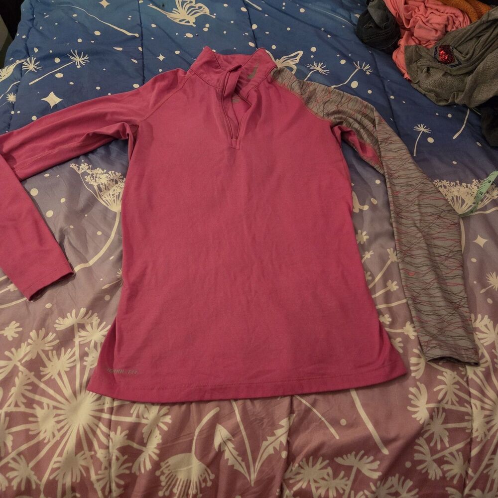 Nike Pro Combat Therma-FIT 1/4 Zip Pullover Womens M Pink Gray Fitted Thumbhole
